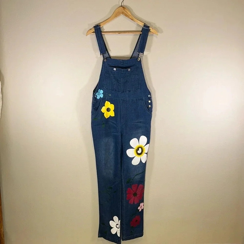 Misslook Painted Flowers Denim Bib Overalls Women Size Medium Casual Boho Hippie